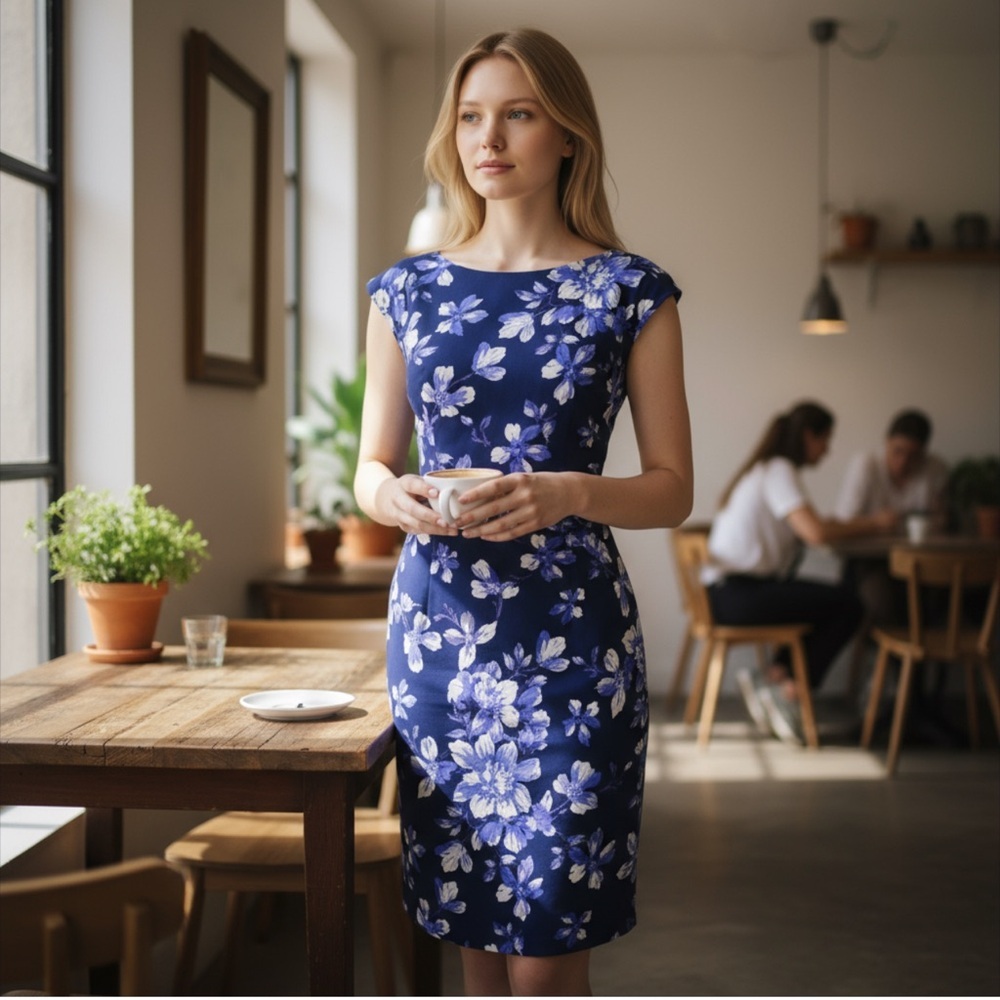 Connected Apparel Blue Floral Ruched Sheath Dress Size 8p